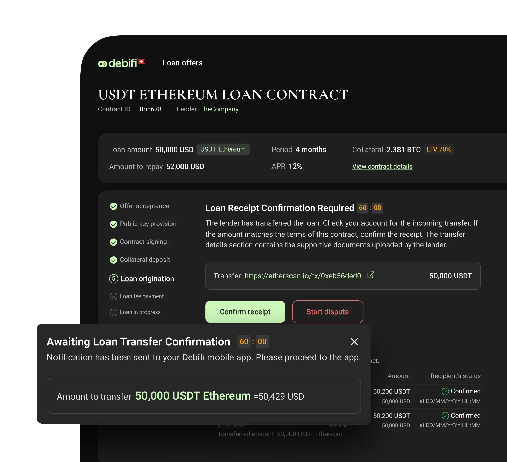 Debifi loan contract screen with USDT Ethereum loan details