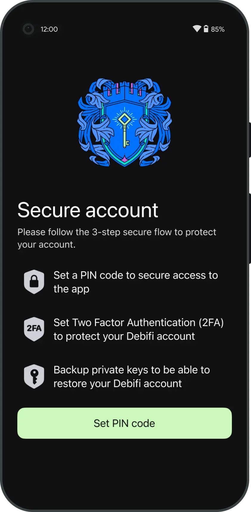 Debifi mobile app screen prompting user to secure account