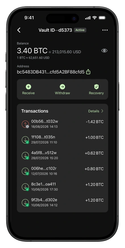 Debifi app screen with Bitcoin vault details