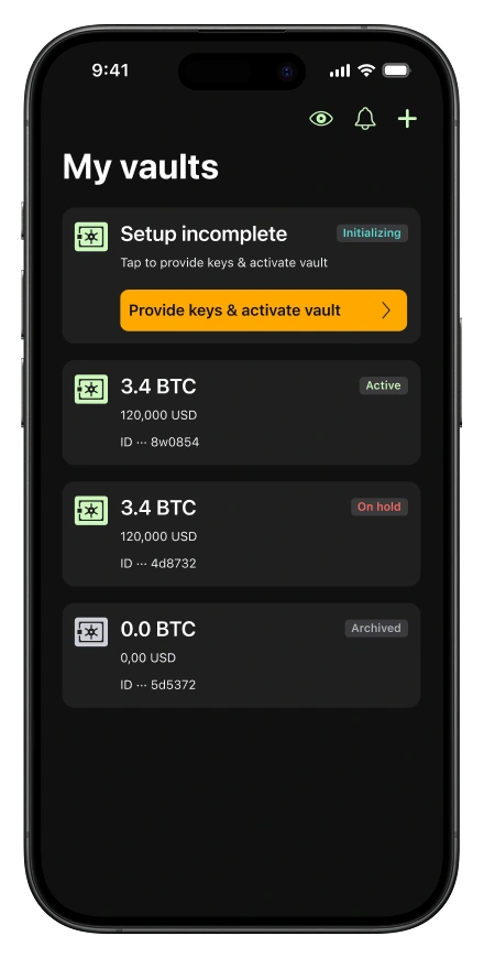Debifi app screen with the list of Bitcoin vaults