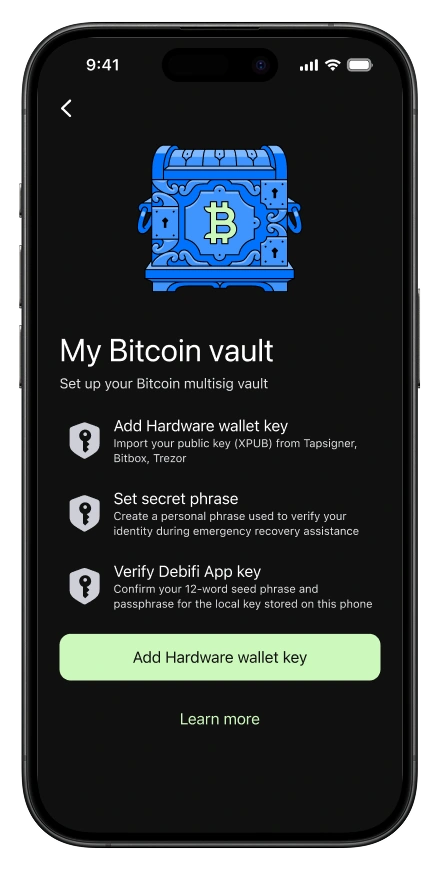 Debifi app screen with Bitcoin vault setup
